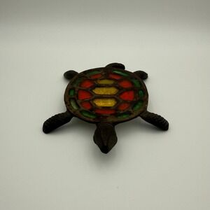 Vintage Cast Iron Turtle Trivet Stained Glass Style Shell Red Yellow Green 6.5in